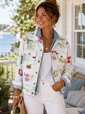 Vintage GUESS Jacket | 90s Y2K Graphic Print Denim Jacket | Fisherman Coastal